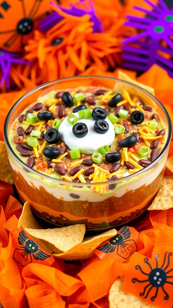 Colorful 7 layer dip in a glass dish with tortilla chips, decorated for Halloween.